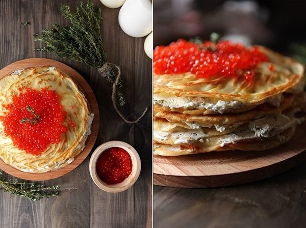 Блинный торт с лососем и сыром